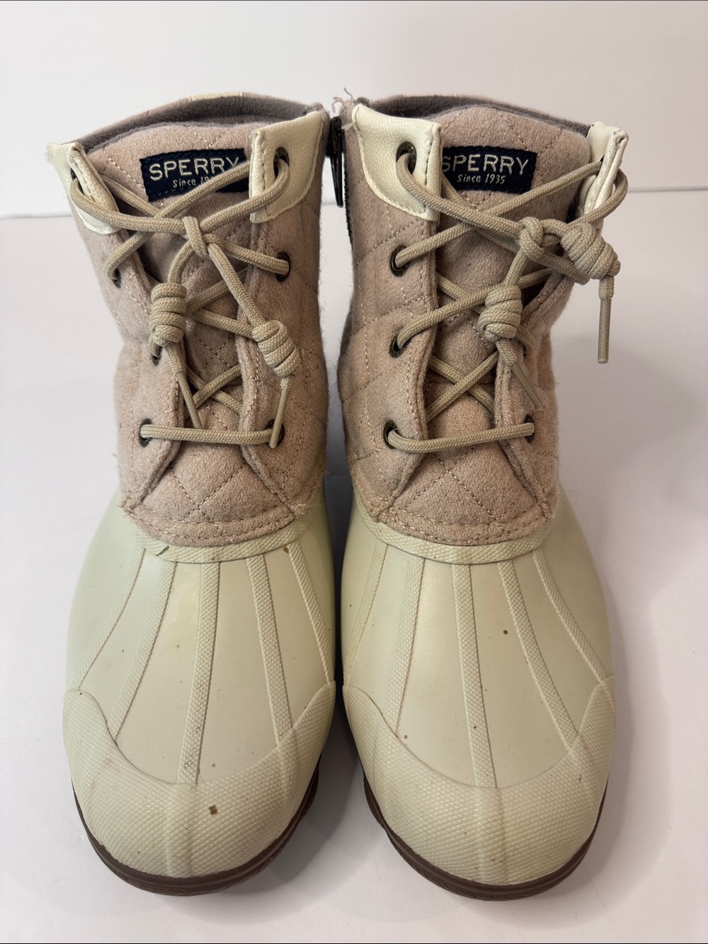 Sperry Duck Boots Quilted Wool Lace-Up Side Zip Waterproof Boots, Tan & Cream